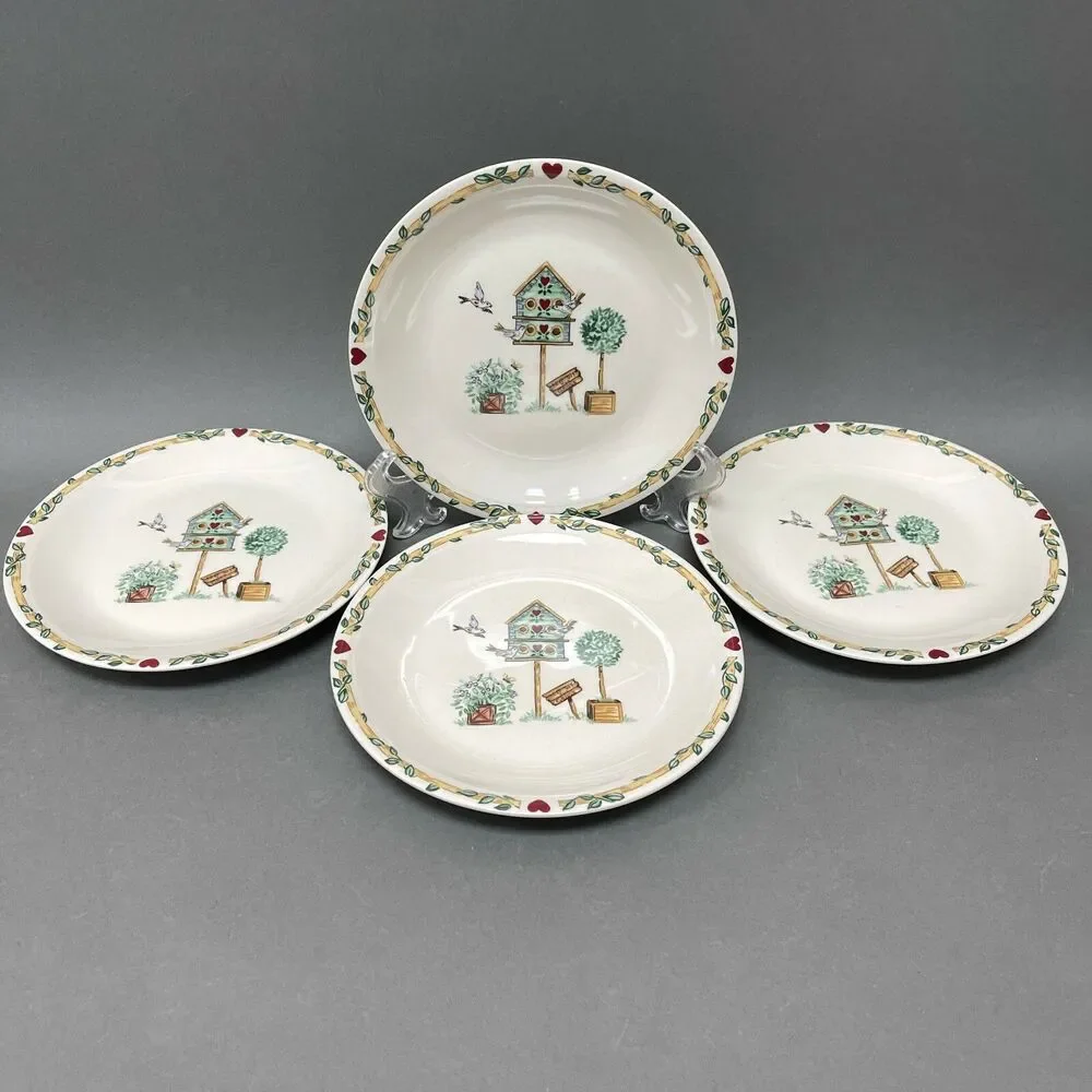 Thomson Pottery Salad Plates Birdhouse Birds Heart Vine Border 7 5/8